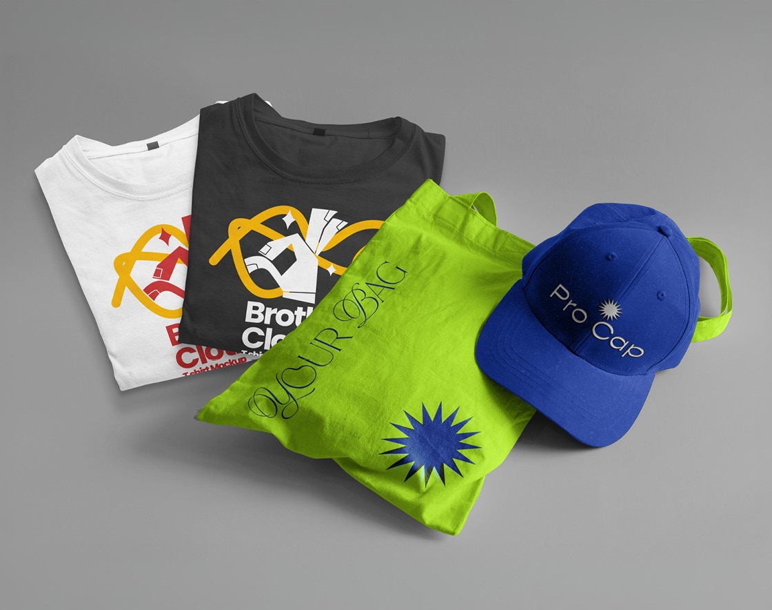 a group of t-shirts and a blue hat